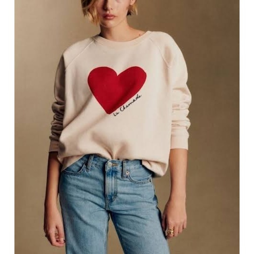Sezane La Chamade Sweatshirt Size M Heart Graphic Organic Cotton Casual Pullover